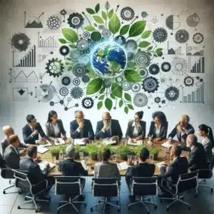 Groupe de dirigeants autour d'une table illustrant le leadership régénératif et la durabilité.